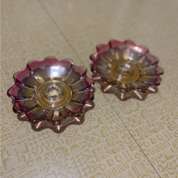 Vintage Federal Glass Pink and Gold Candle Holders - Picture 1 of 7